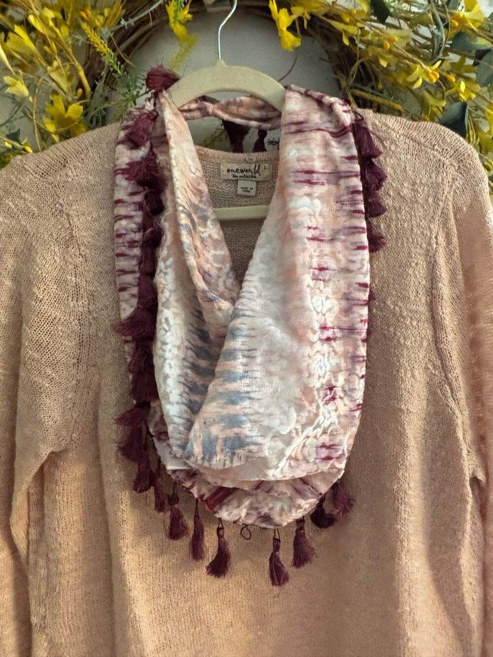 One World Live and Let Live Peach Knit Long Sleeve Sweater with Tassel Infinity